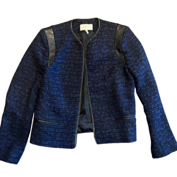 Sandro Paris Wool & Leather Blue Marine Black Knit Jacket w/ Chain Size 36 /US 4 - Picture 5 of 8